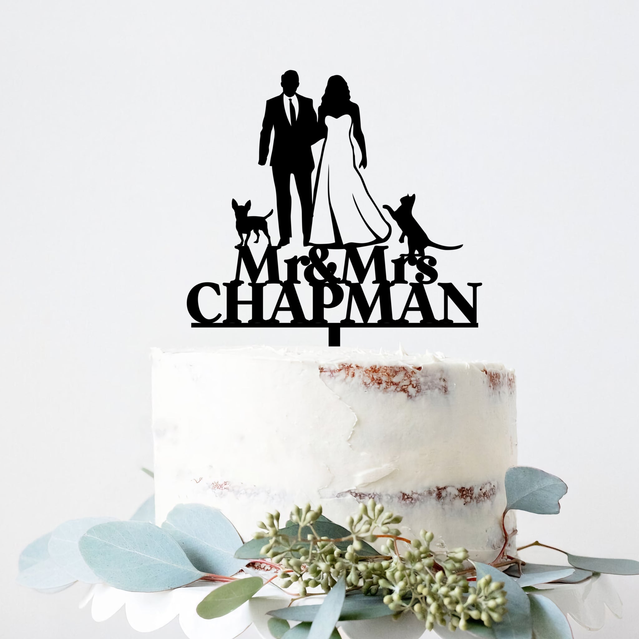 Wedding Cake Topper With Cat Dog Bride and Groom