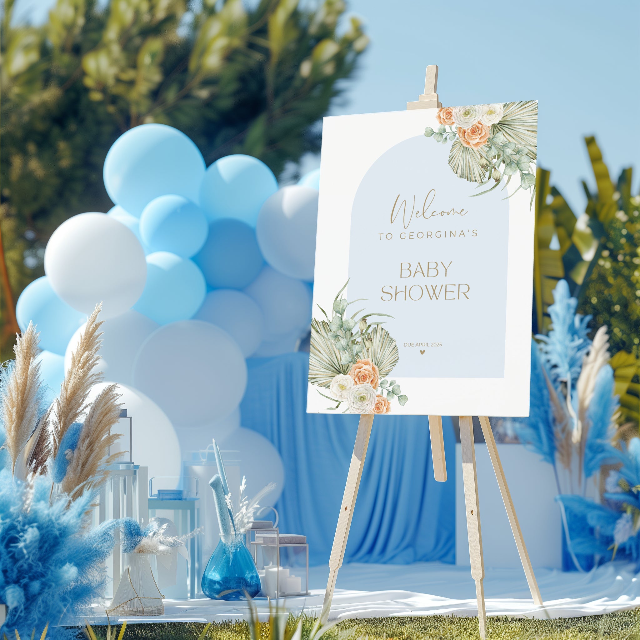 blue floral baby shower boho decor