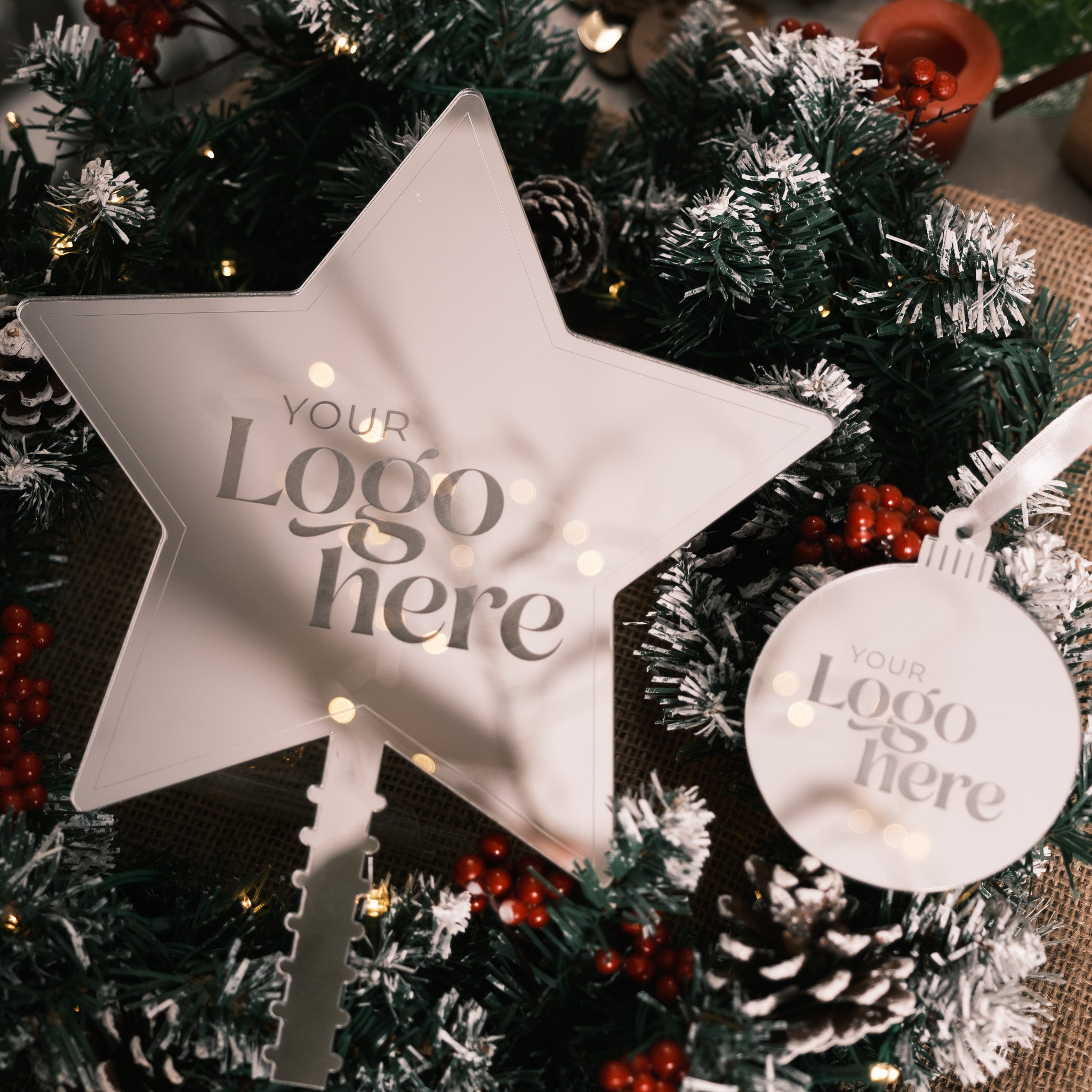 personalised corporate christmas tree topper and bauble