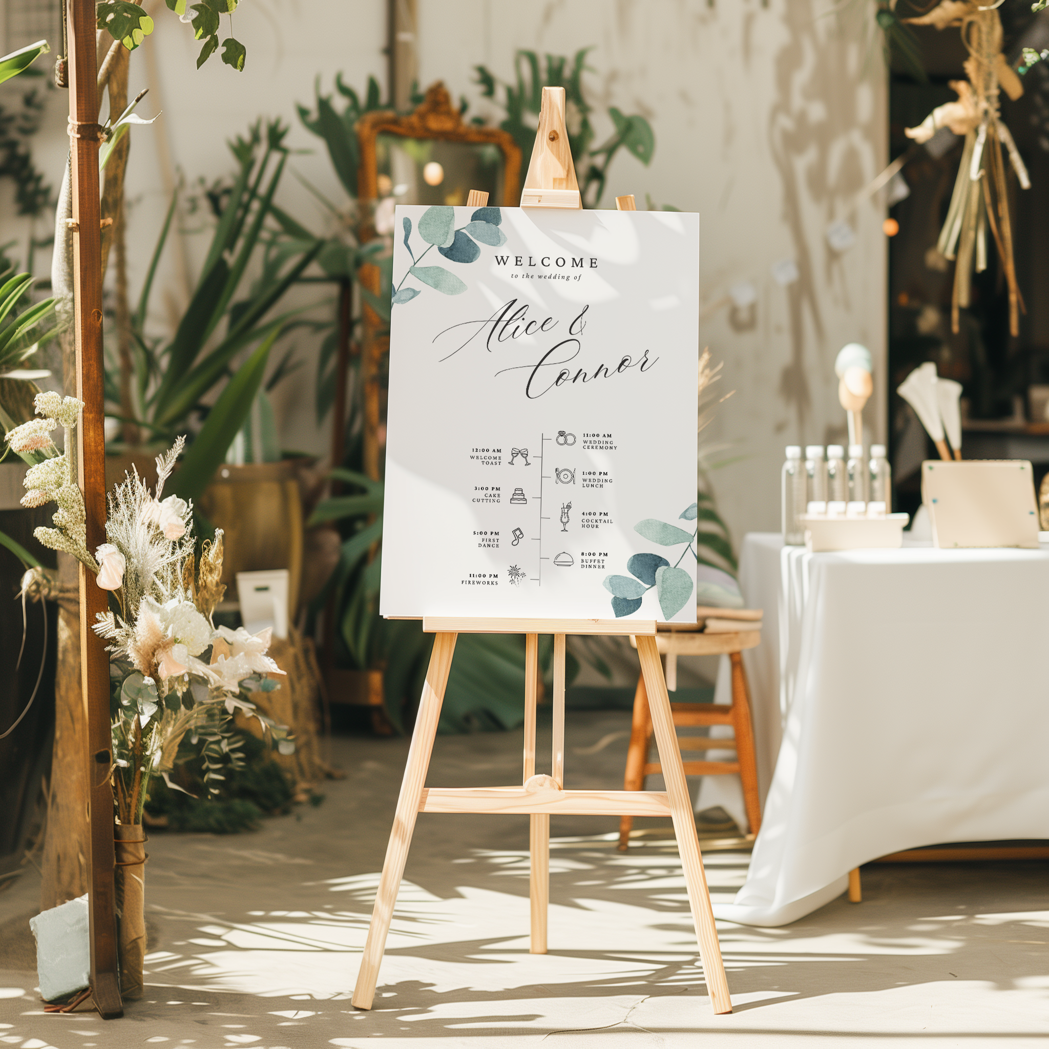 Eucalyptus Custom Wedding Welcome &amp; Order Of The Day Sign