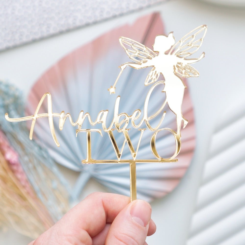 Personalised Fairy Name & Age Cake Topper Gold Silver Pink By